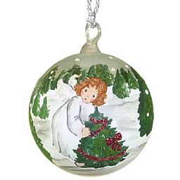 Pallina in Vetro Soffiato Dipinta a Mano con Angelo Bianco, Albero di Natale decori rossi